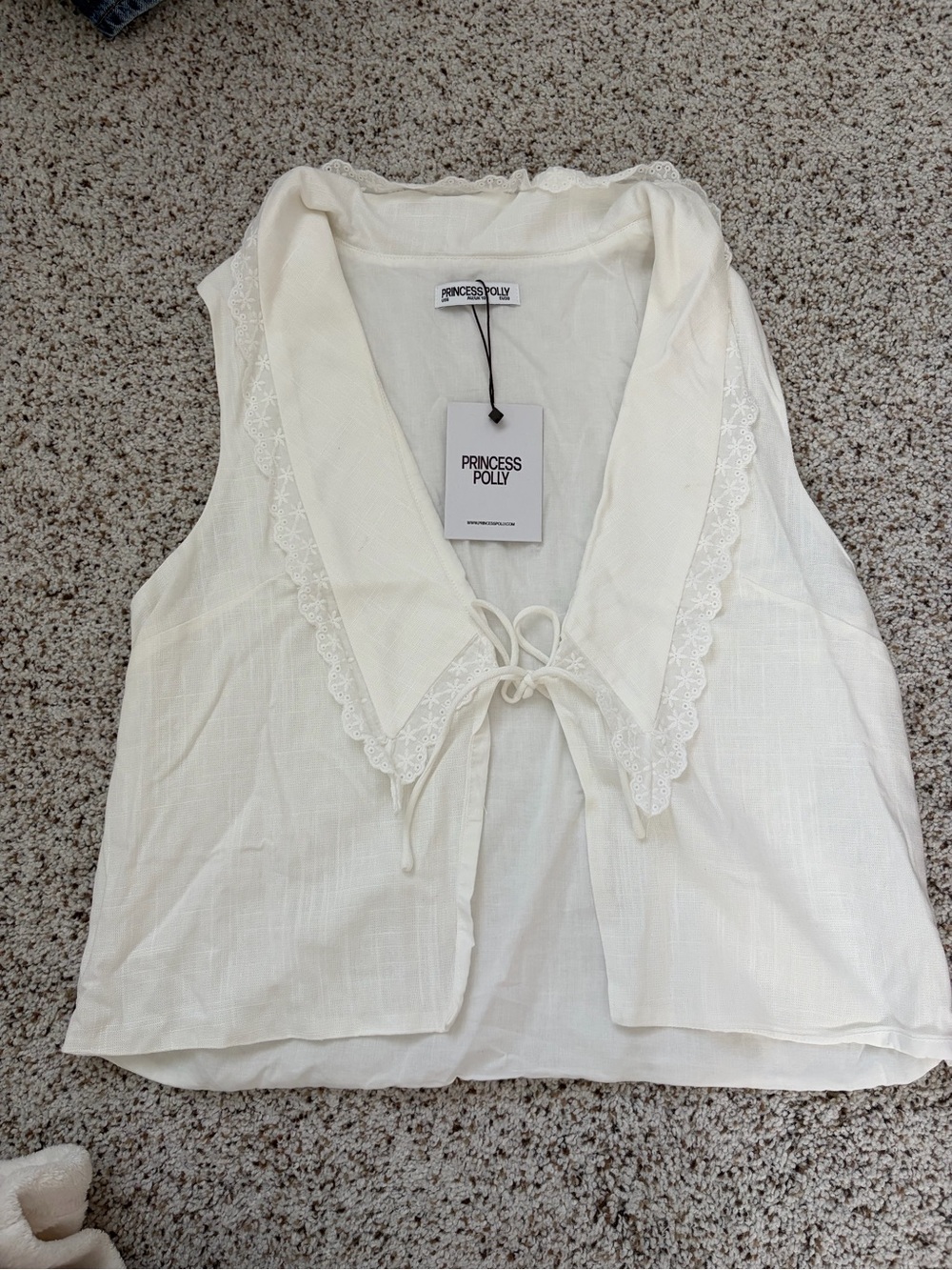 Princess Polly Cream Lace-Trim Tie Front Sleeveless Top - Picture 1 of 3